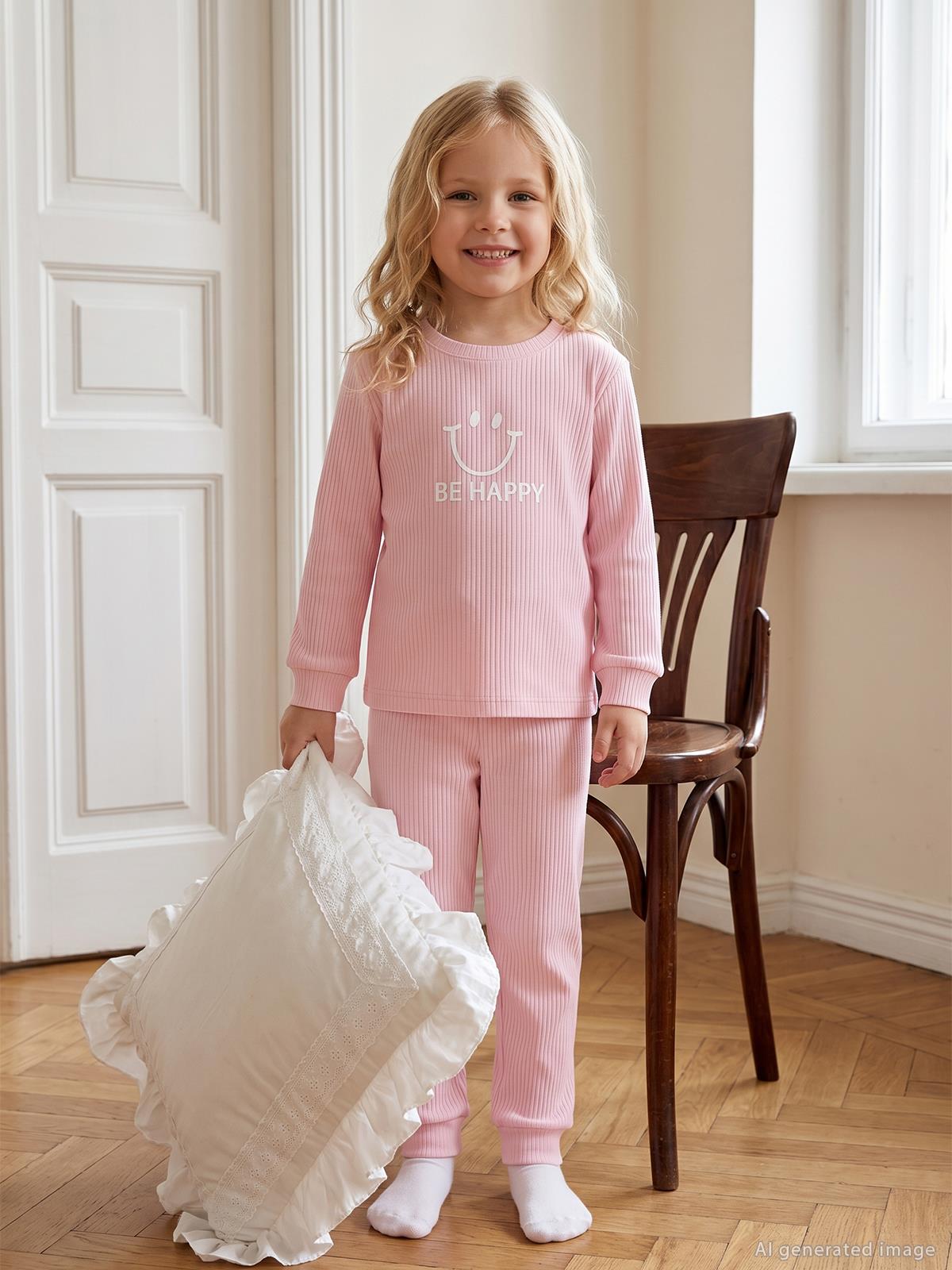 Minidamla Gülen Yüz Baskılı 1-7 Yaş Pijama Takımı - Pembe