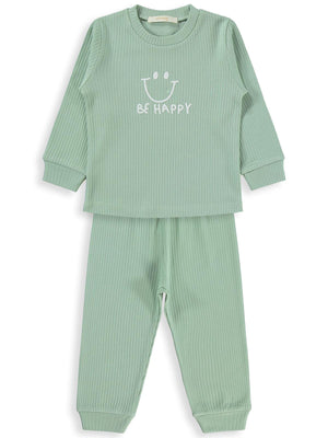 Minidamla Gülen Yüz Baskılı Pijama Takımı | İnterlok-İnterlok | Okul Kreş ve Günlük Kullanım - Yeşil