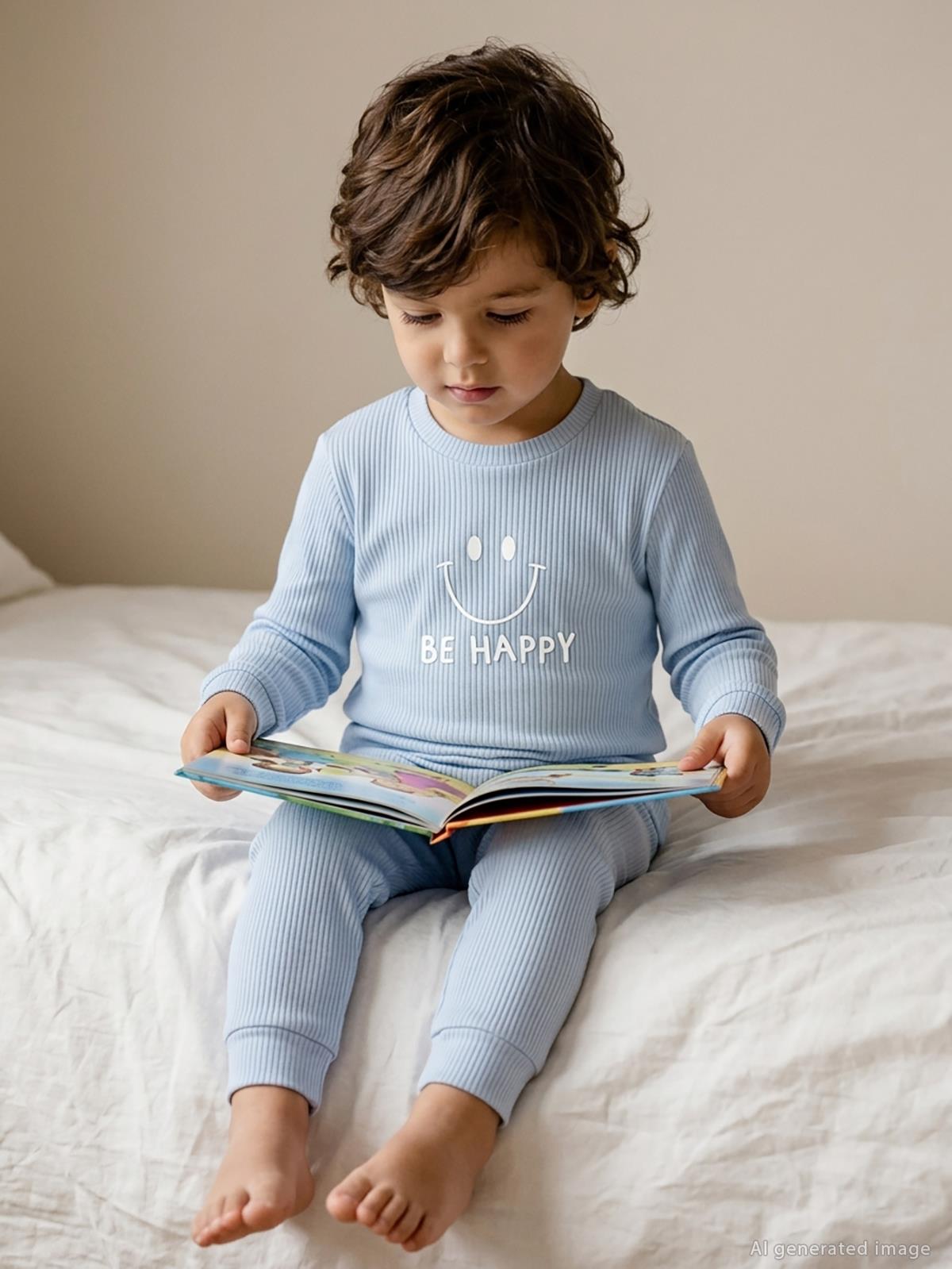 Minidamla Gülen Yüz Baskılı 1-6 Yaş Pijama Takımı - Mavi