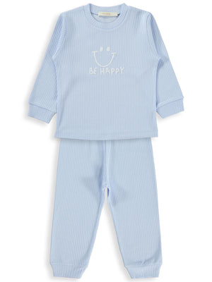 Minidamla Gülen Yüz Baskılı Pijama Takımı | İnterlok-İnterlok | Okul Kreş ve Günlük Kullanım - Mavi