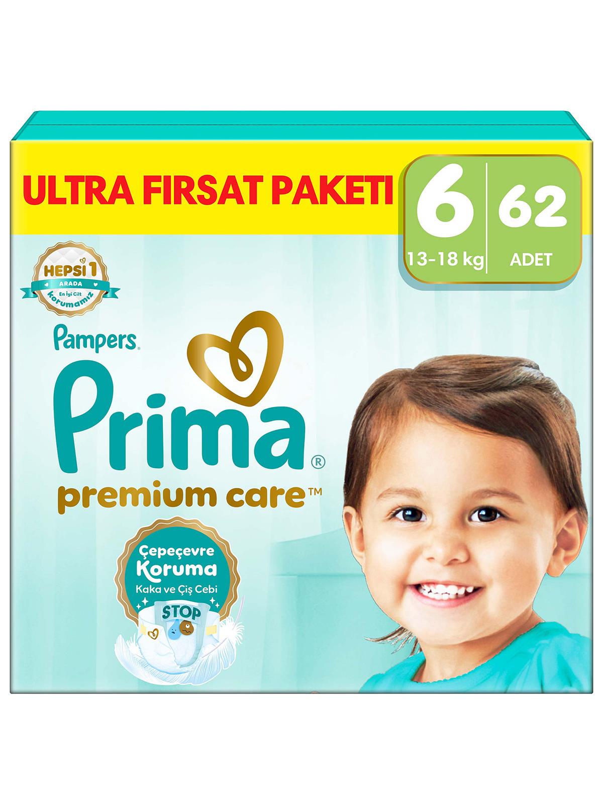 Prima Bebek Bezi Premium Care 6 Beden Extra Large Fırsat Paket 62 Adet