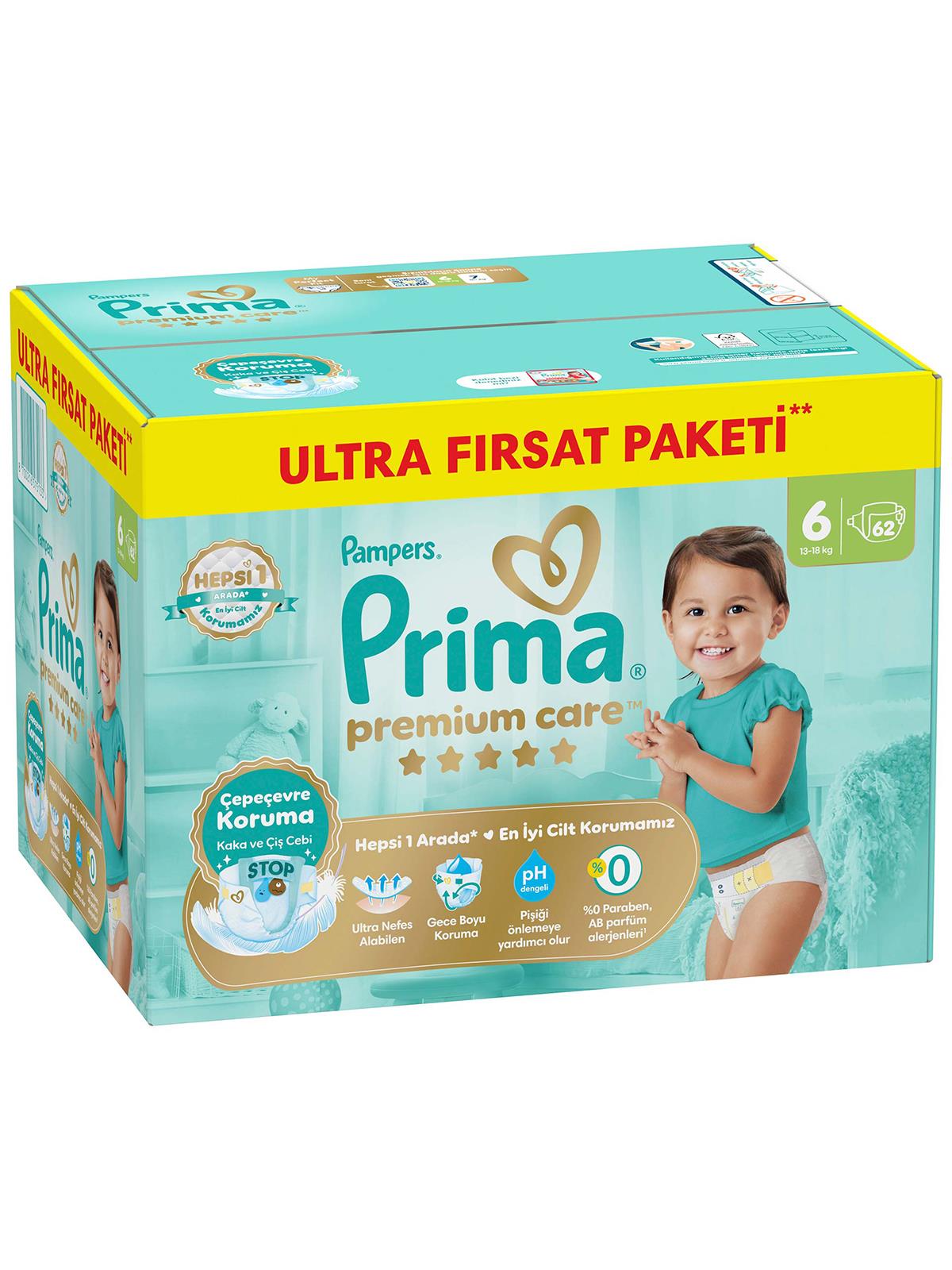 Prima Bebek Bezi Premium Care 6 Beden Extra Large Fırsat Paket 62 Adet